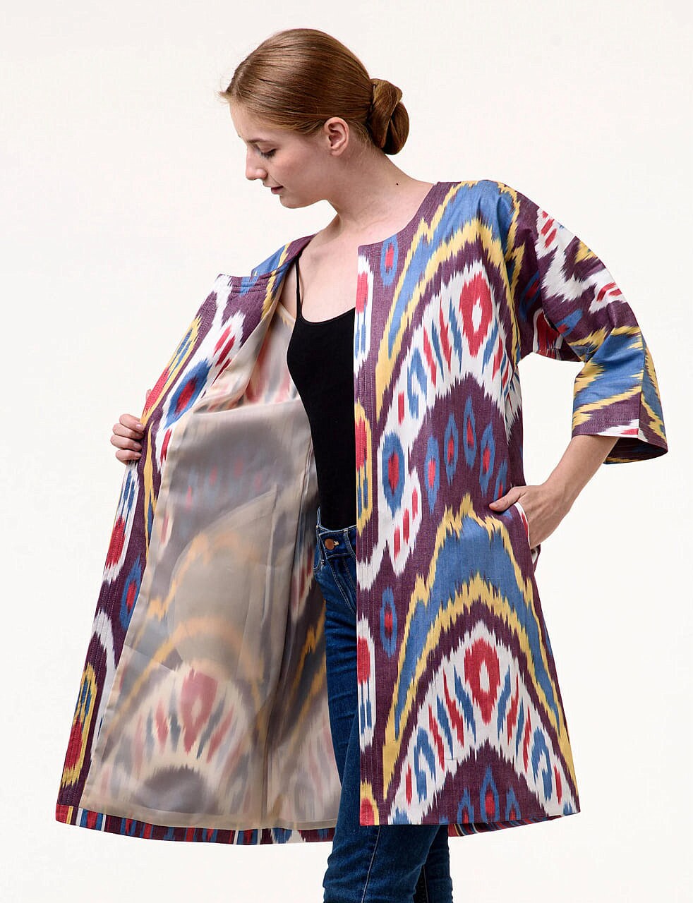 Handwoven Ikat Chapan,coat,robe, jacket. Hand-dyed, hand loomed natural ikat from Uzbekistan.