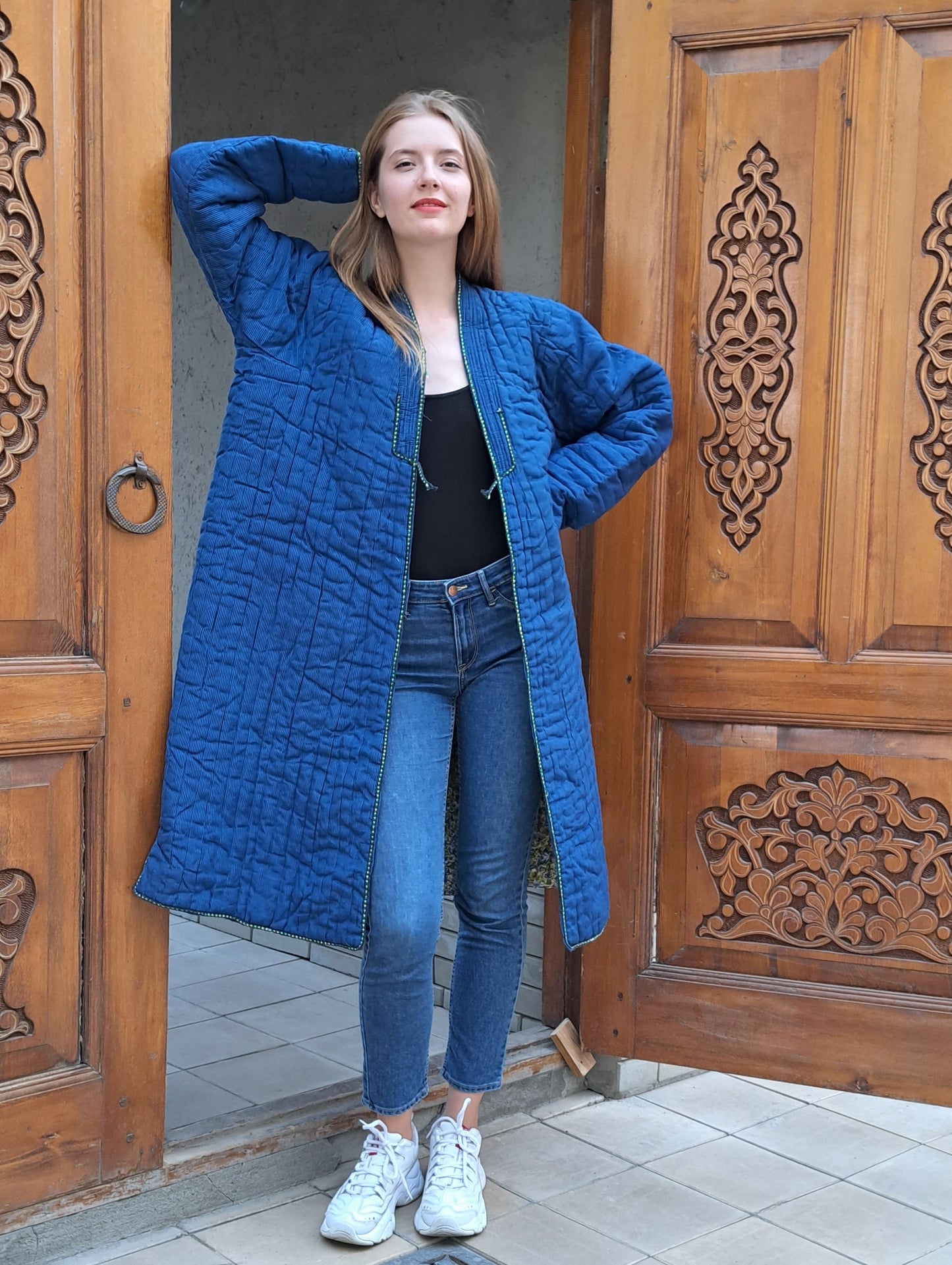 Uzbek handmade warm quilted chapan, coat, robe from a vintage bekasam fabric. Unisex, free size.
