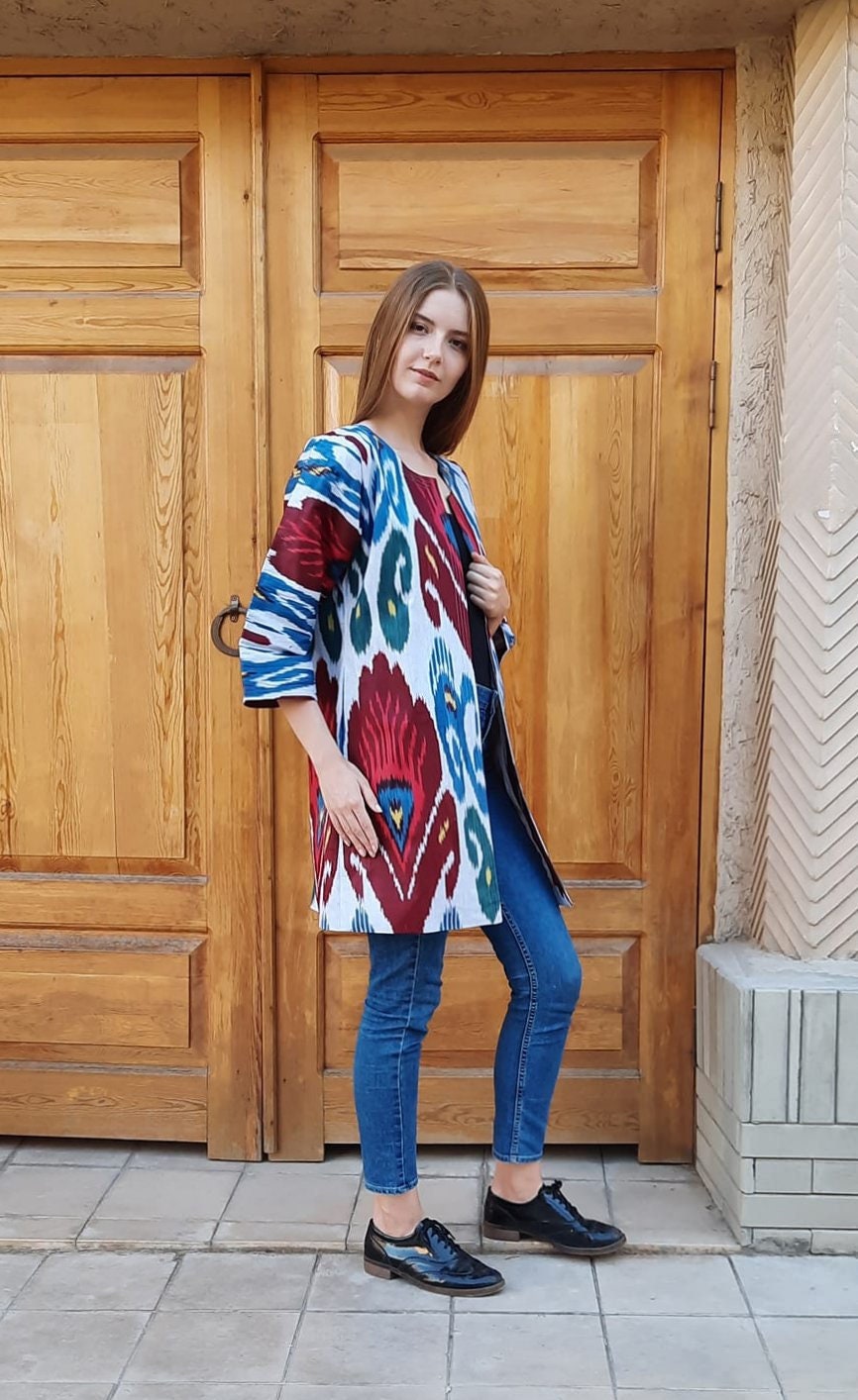 Handwoven Ikat Chapan,coat,robe, jacket. Hand-dyed, hand loomed natural ikat from Uzbekistan.