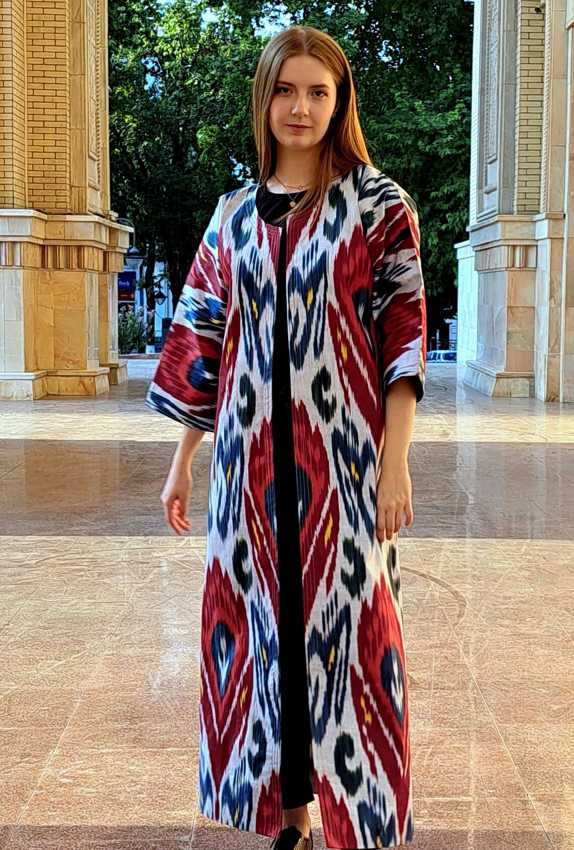 Handwoven Ikat Chapan,coat,robe, jacket. Hand-dyed, hand loomed natural ikat from Uzbekistan.