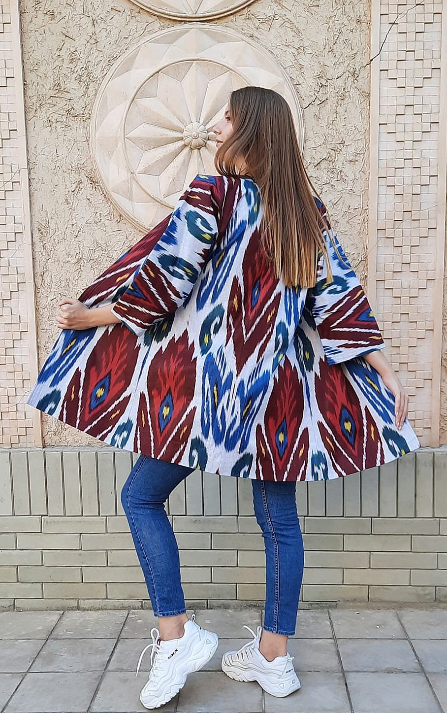 Handwoven Ikat Chapan,coat,robe, jacket. Hand-dyed, hand loomed natural ikat from Uzbekistan.