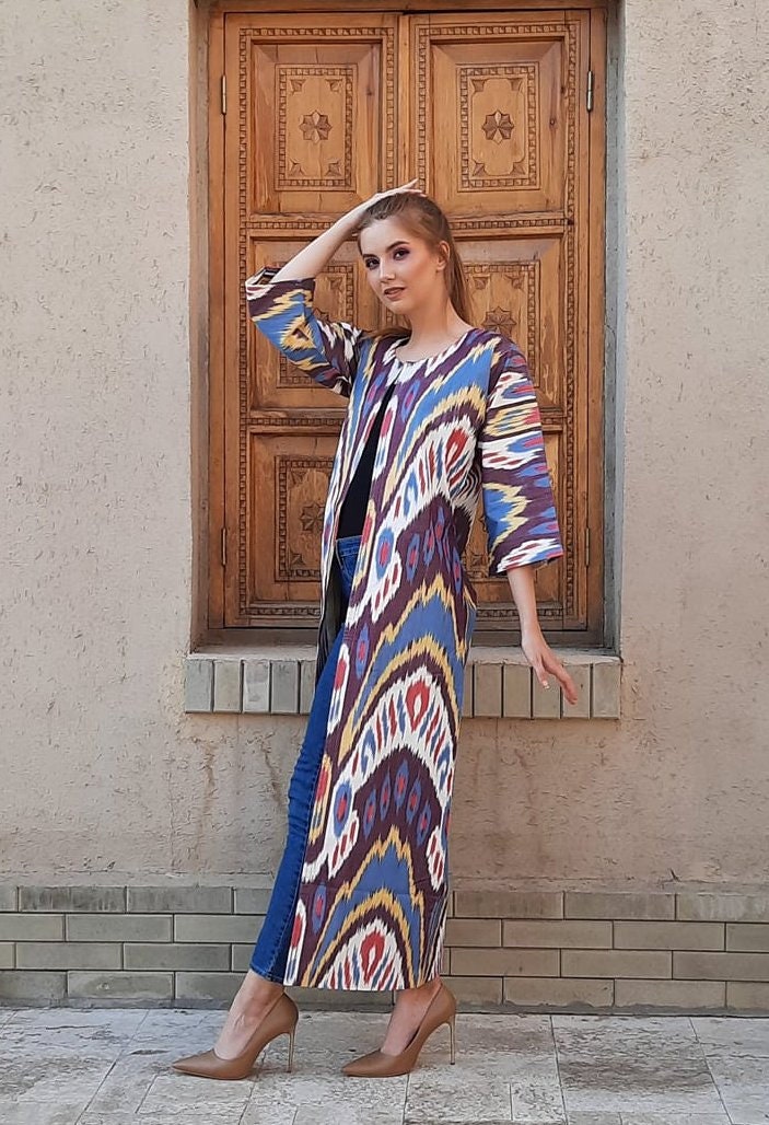 Handwoven Ikat Chapan,coat,robe, jacket. Hand-dyed, hand loomed natural ikat from Uzbekistan.