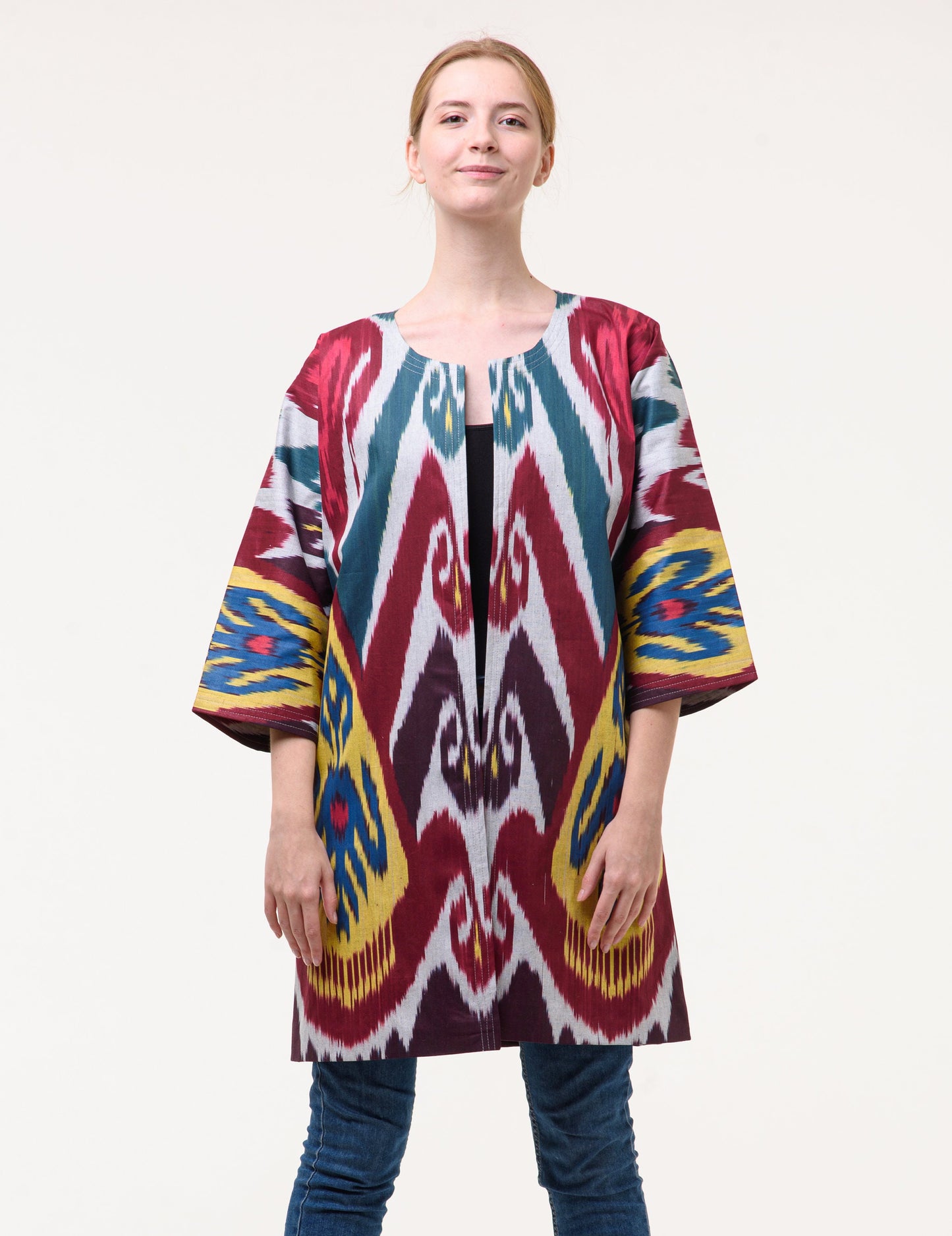 Handwoven Ikat Chapan,coat,robe, jacket. Hand-dyed, hand loomed natural ikat from Uzbekistan.