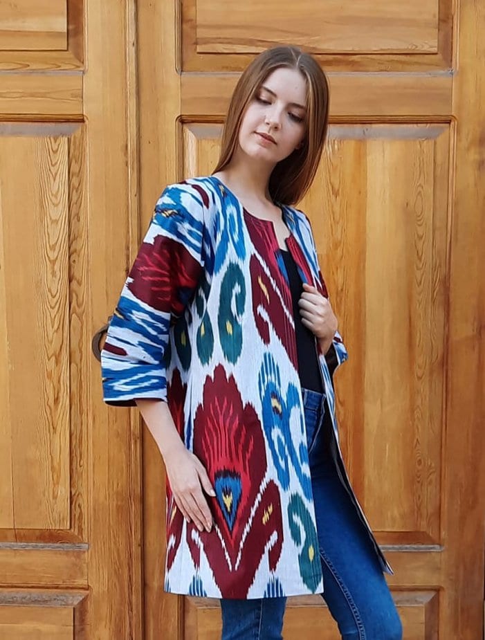 Handwoven Ikat Chapan,coat,robe, jacket. Hand-dyed, hand loomed natural ikat from Uzbekistan.