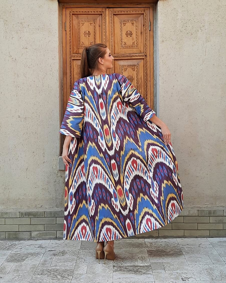 Handwoven Ikat Chapan,coat,robe, jacket. Hand-dyed, hand loomed natural ikat from Uzbekistan.