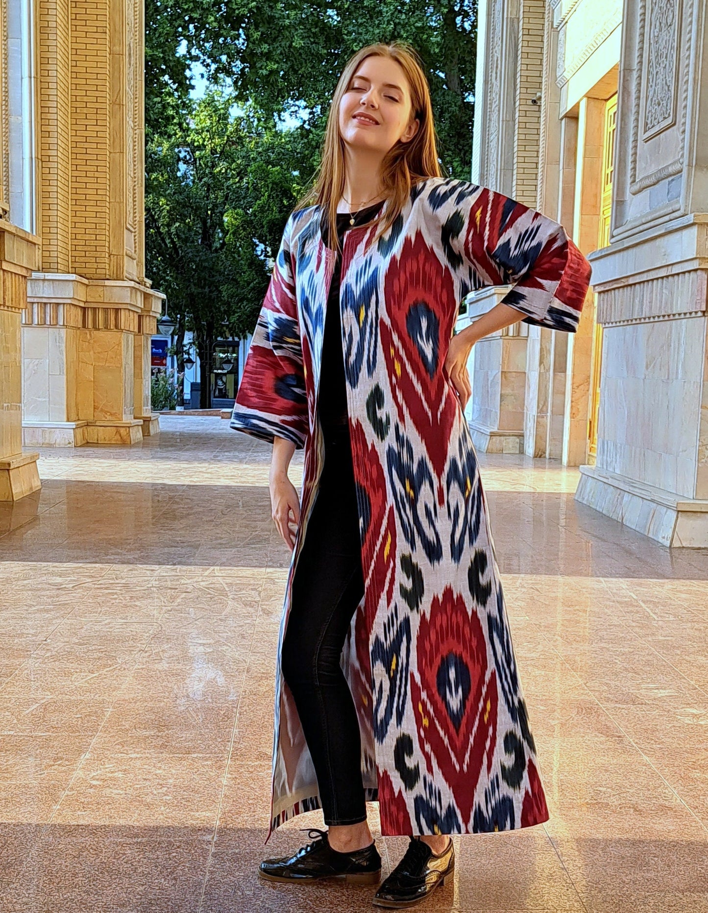 Handwoven Ikat Chapan,coat,robe, jacket. Hand-dyed, hand loomed natural ikat from Uzbekistan.