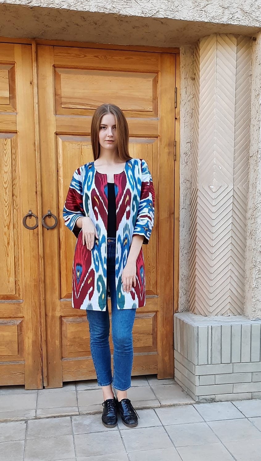 Handwoven Ikat Chapan,coat,robe, jacket. Hand-dyed, hand loomed natural ikat from Uzbekistan.