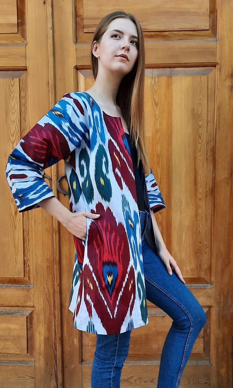 Handwoven Ikat Chapan,coat,robe, jacket. Hand-dyed, hand loomed natural ikat from Uzbekistan.