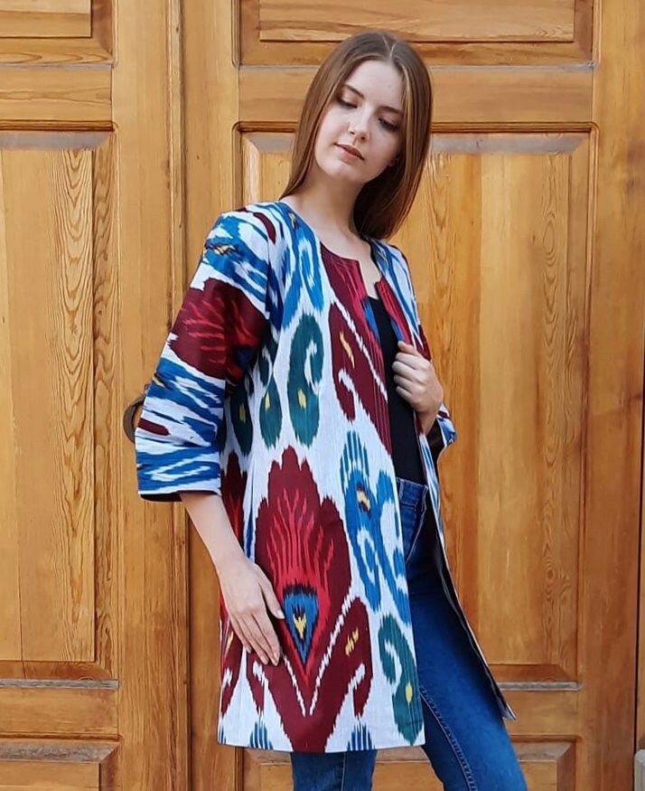 Handwoven Ikat Chapan,coat,robe, jacket. Hand-dyed, hand loomed natural ikat from Uzbekistan.
