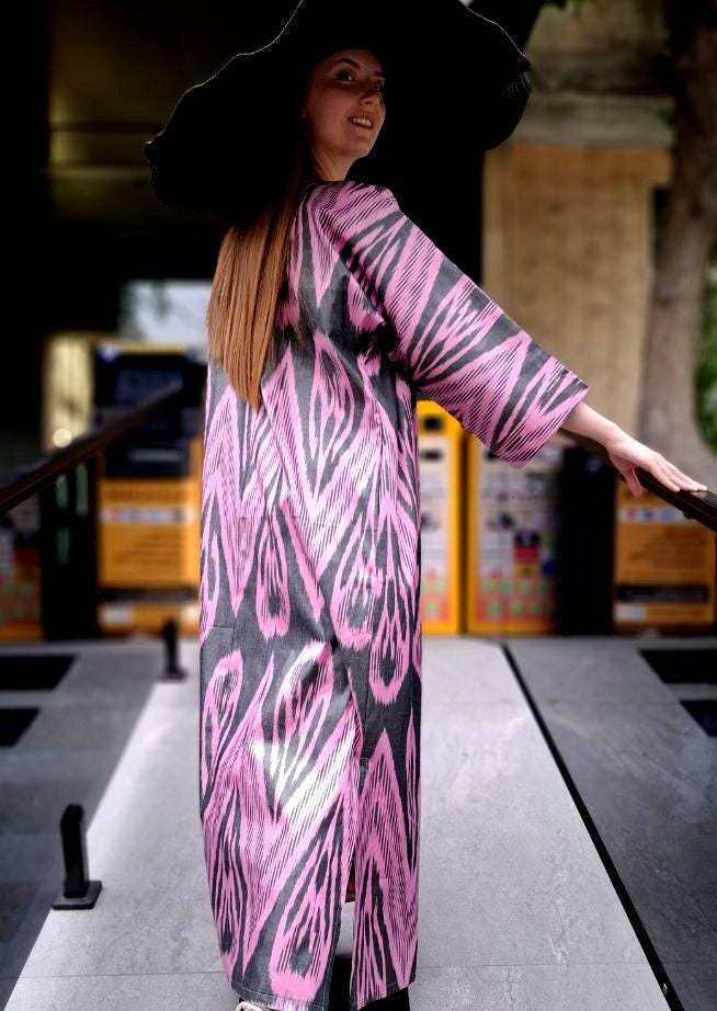 Handwoven Ikat Chapan,coat,robe, jacket. Hand-dyed, hand loomed natural ikat from Uzbekistan.
