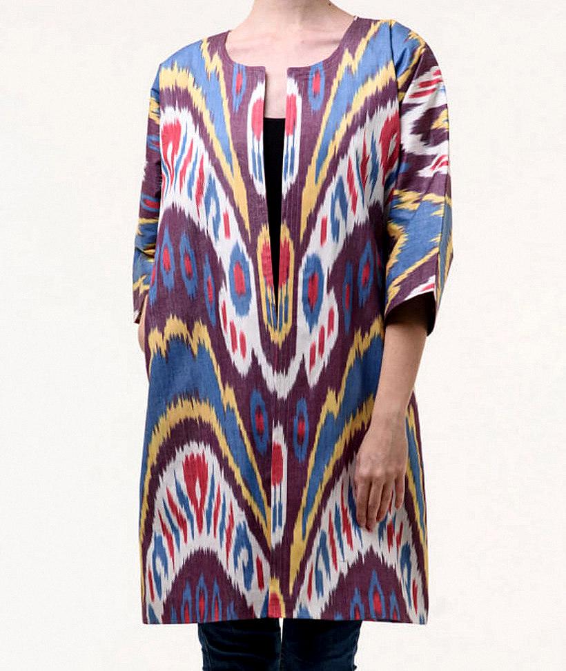 Handwoven Ikat Chapan,coat,robe, jacket. Hand-dyed, hand loomed natural ikat from Uzbekistan.