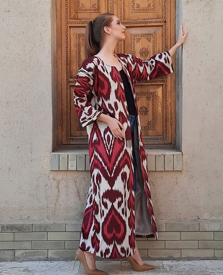 Handwoven Ikat Chapan,coat,robe, jacket. Hand-dyed, hand loomed natural ikat from Uzbekistan.