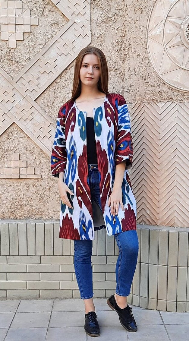 Handwoven Ikat Chapan,coat,robe, jacket. Hand-dyed, hand loomed natural ikat from Uzbekistan.