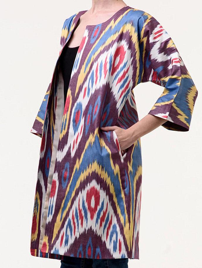 Handwoven Ikat Chapan,coat,robe, jacket. Hand-dyed, hand loomed natural ikat from Uzbekistan.