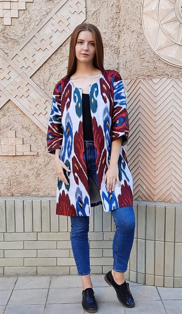 Handwoven Ikat Chapan,coat,robe, jacket. Hand-dyed, hand loomed natural ikat from Uzbekistan.