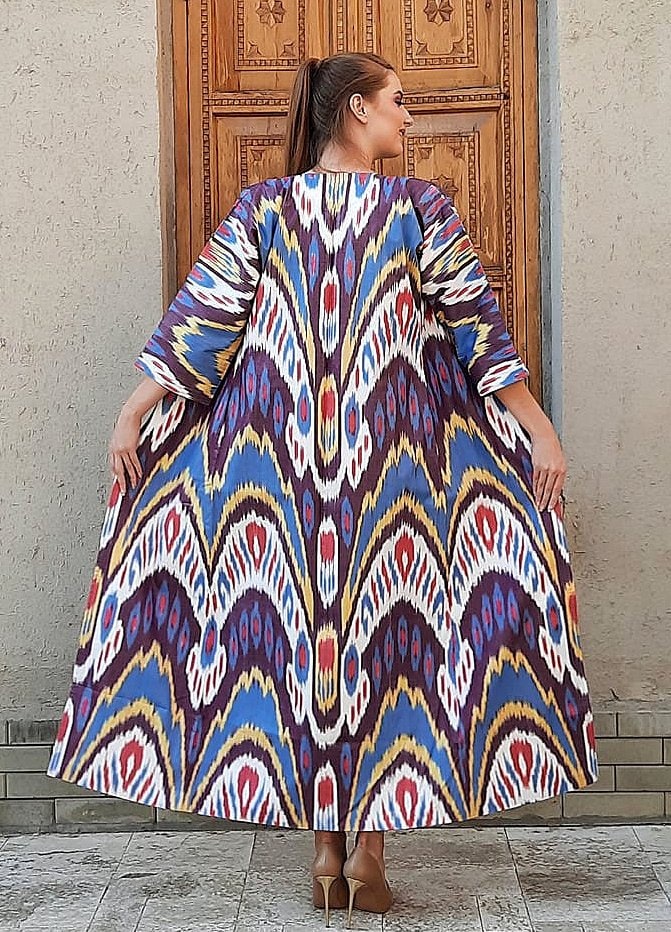 Handwoven Ikat Chapan,coat,robe, jacket. Hand-dyed, hand loomed natural ikat from Uzbekistan.