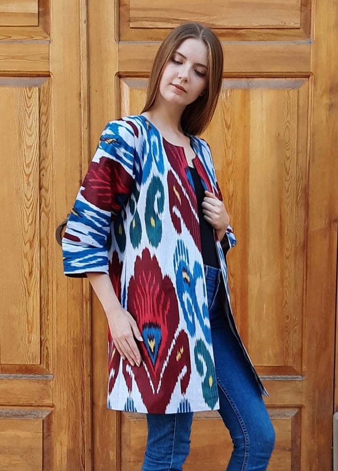 Handwoven Ikat Chapan,coat,robe, jacket. Hand-dyed, hand loomed natural ikat from Uzbekistan.