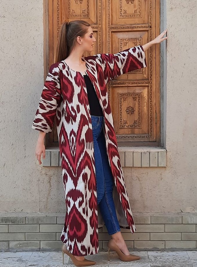 Handwoven Ikat Chapan,coat,robe, jacket. Hand-dyed, hand loomed natural ikat from Uzbekistan.