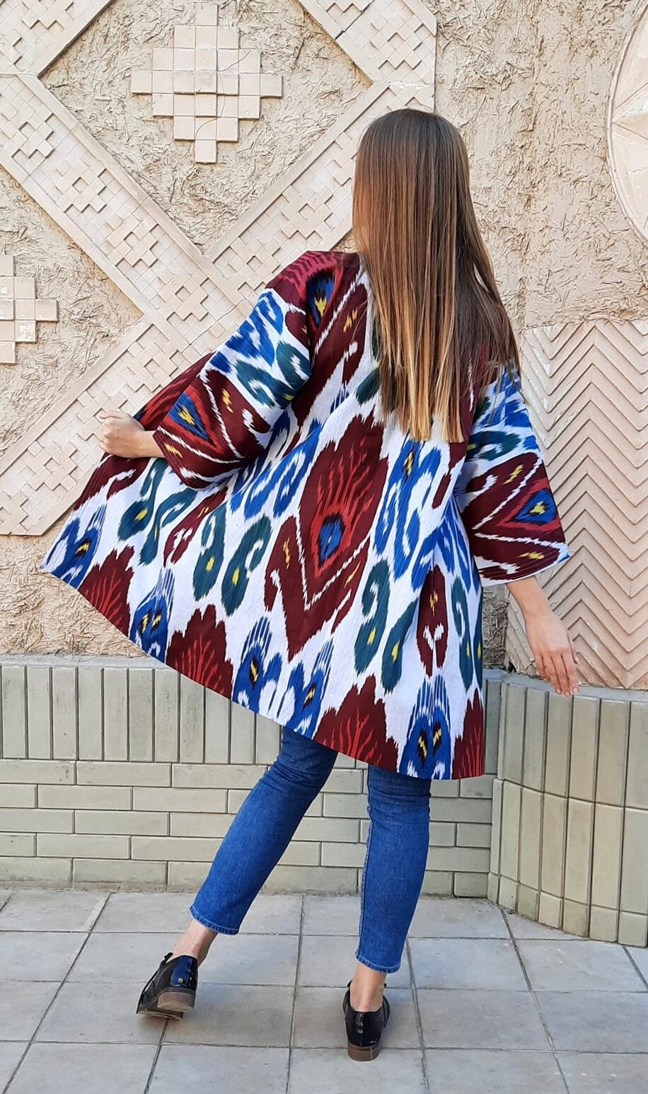 Handwoven Ikat Chapan,coat,robe, jacket. Hand-dyed, hand loomed natural ikat from Uzbekistan.