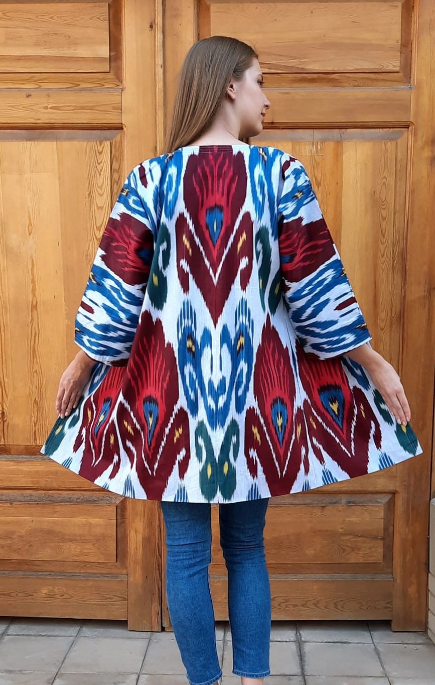 Handwoven Ikat Chapan,coat,robe, jacket. Hand-dyed, hand loomed natural ikat from Uzbekistan.