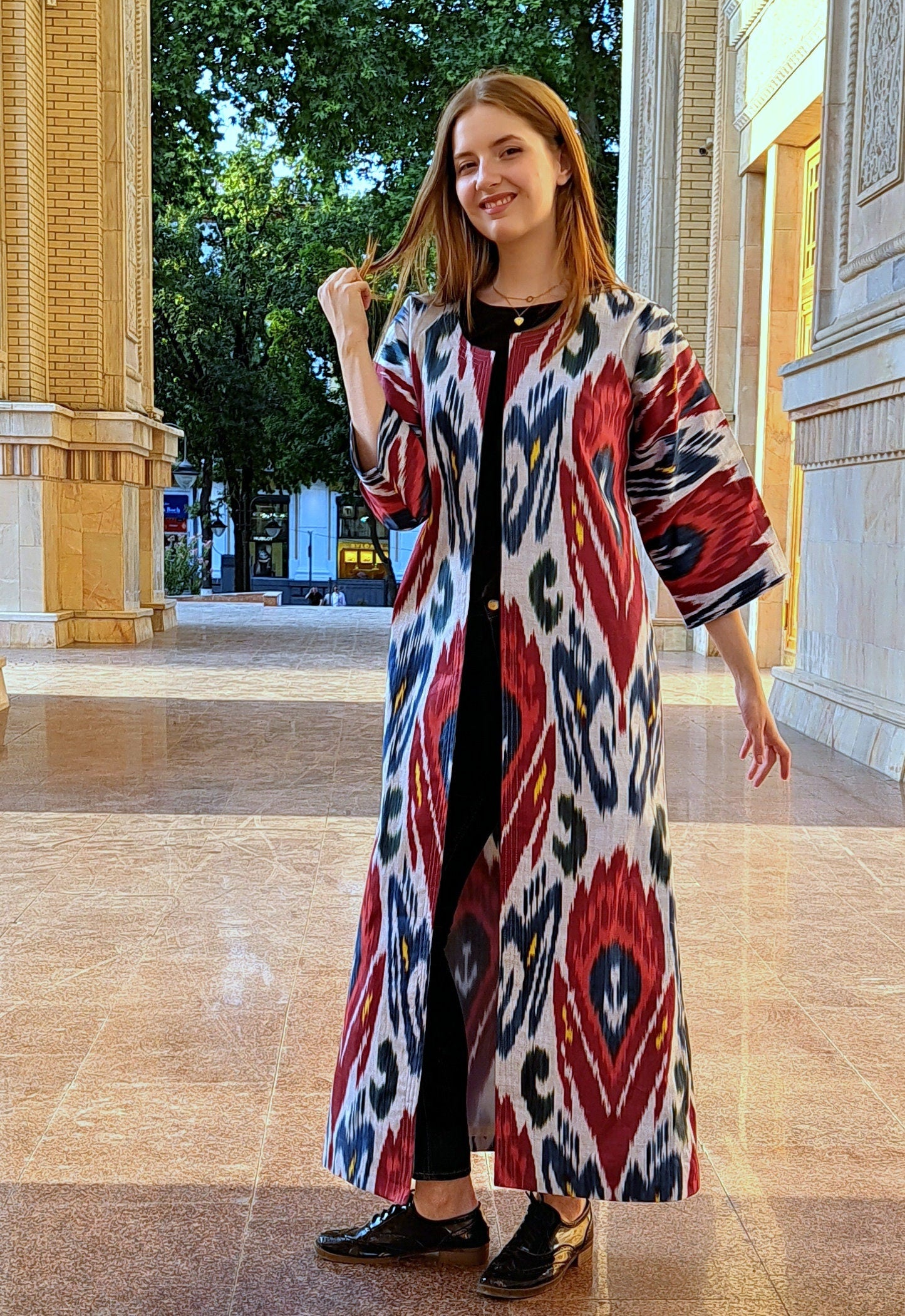 Handwoven Ikat Chapan,coat,robe, jacket. Hand-dyed, hand loomed natural ikat from Uzbekistan.