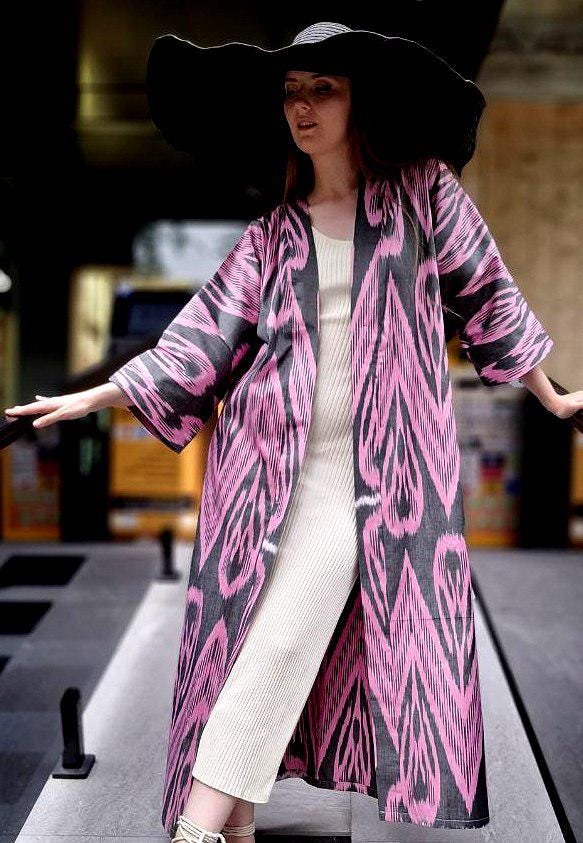 Handwoven Ikat Chapan,coat,robe, jacket. Hand-dyed, hand loomed natural ikat from Uzbekistan.