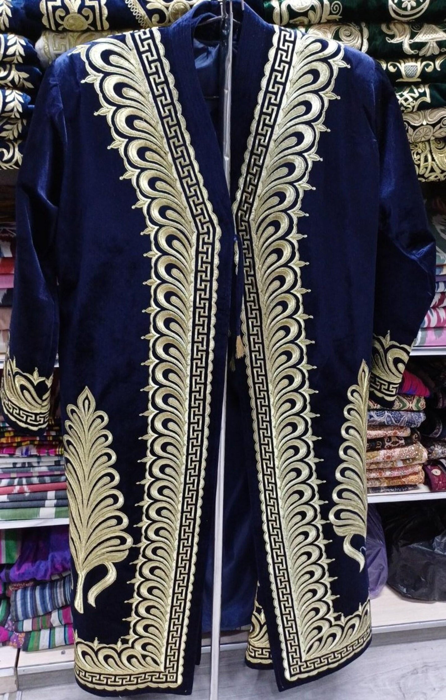 Golden embroidered chapan, uzbek robe, uzbek coat, caftan, jacket
