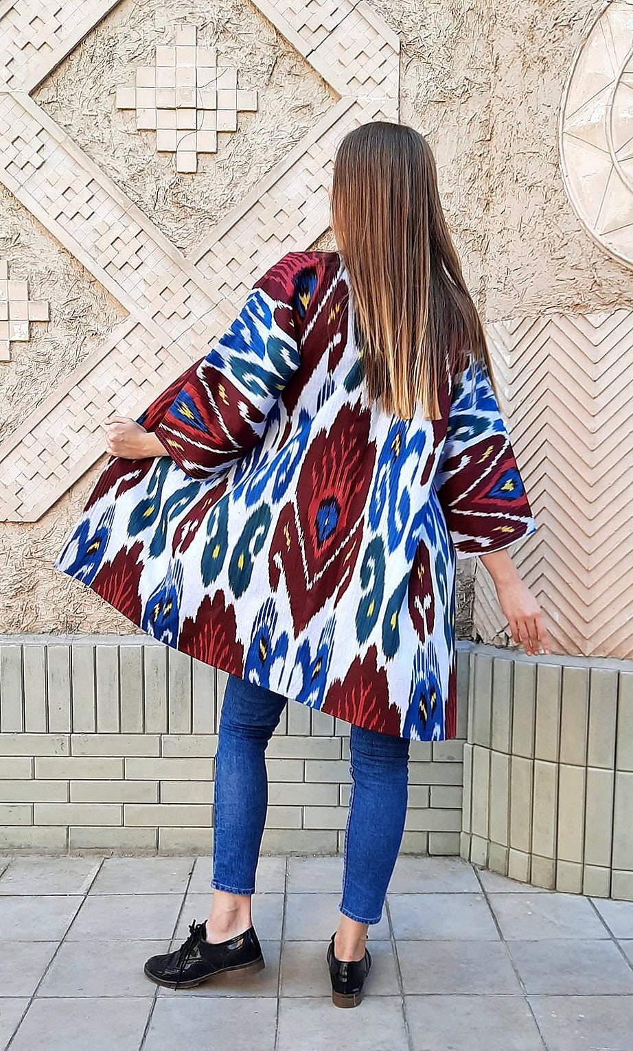 Handwoven Ikat Chapan,coat,robe, jacket. Hand-dyed, hand loomed natural ikat from Uzbekistan.