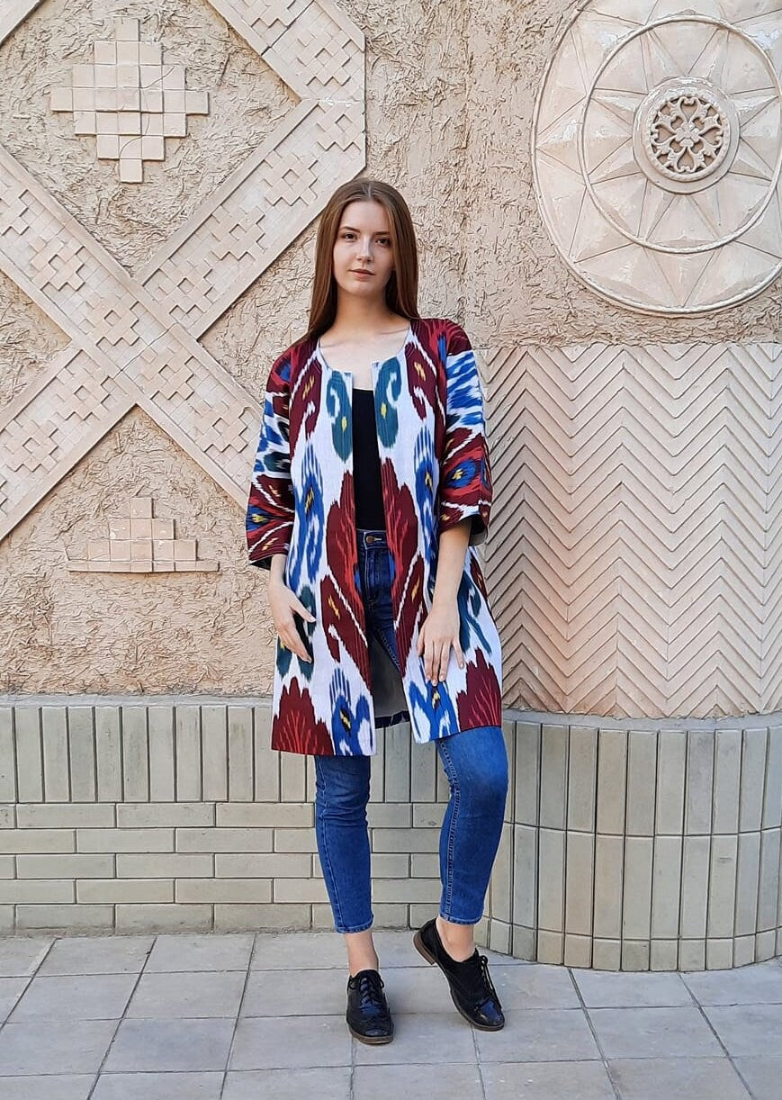 Handwoven Ikat Chapan,coat,robe, jacket. Hand-dyed, hand loomed natural ikat from Uzbekistan.