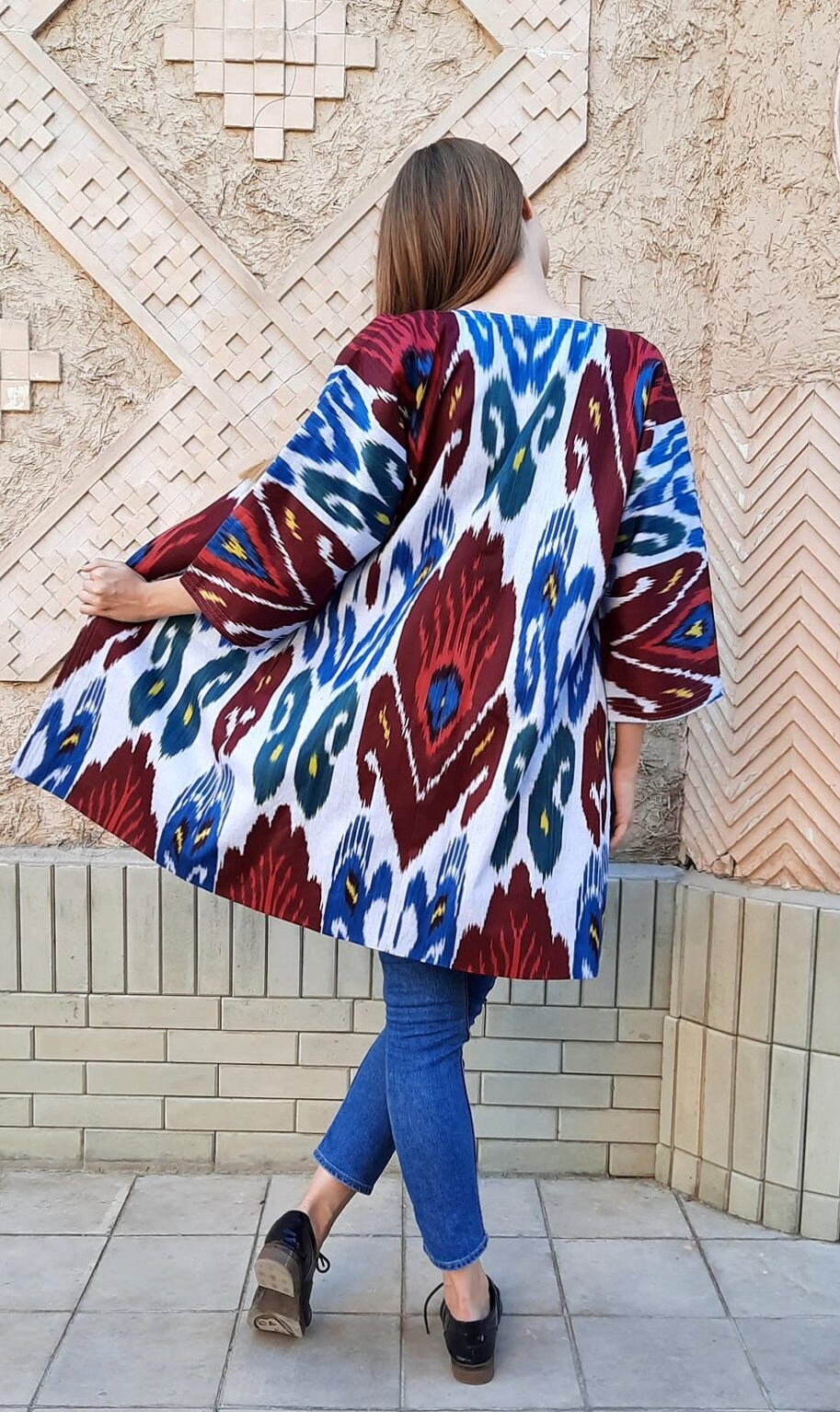 Handwoven Ikat Chapan,coat,robe, jacket. Hand-dyed, hand loomed natural ikat from Uzbekistan.