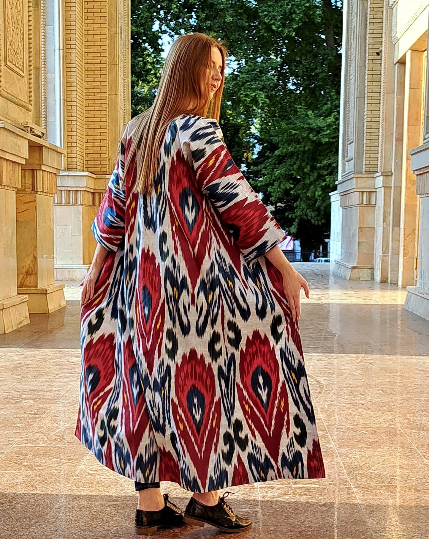Handwoven Ikat Chapan,coat,robe, jacket. Hand-dyed, hand loomed natural ikat from Uzbekistan.