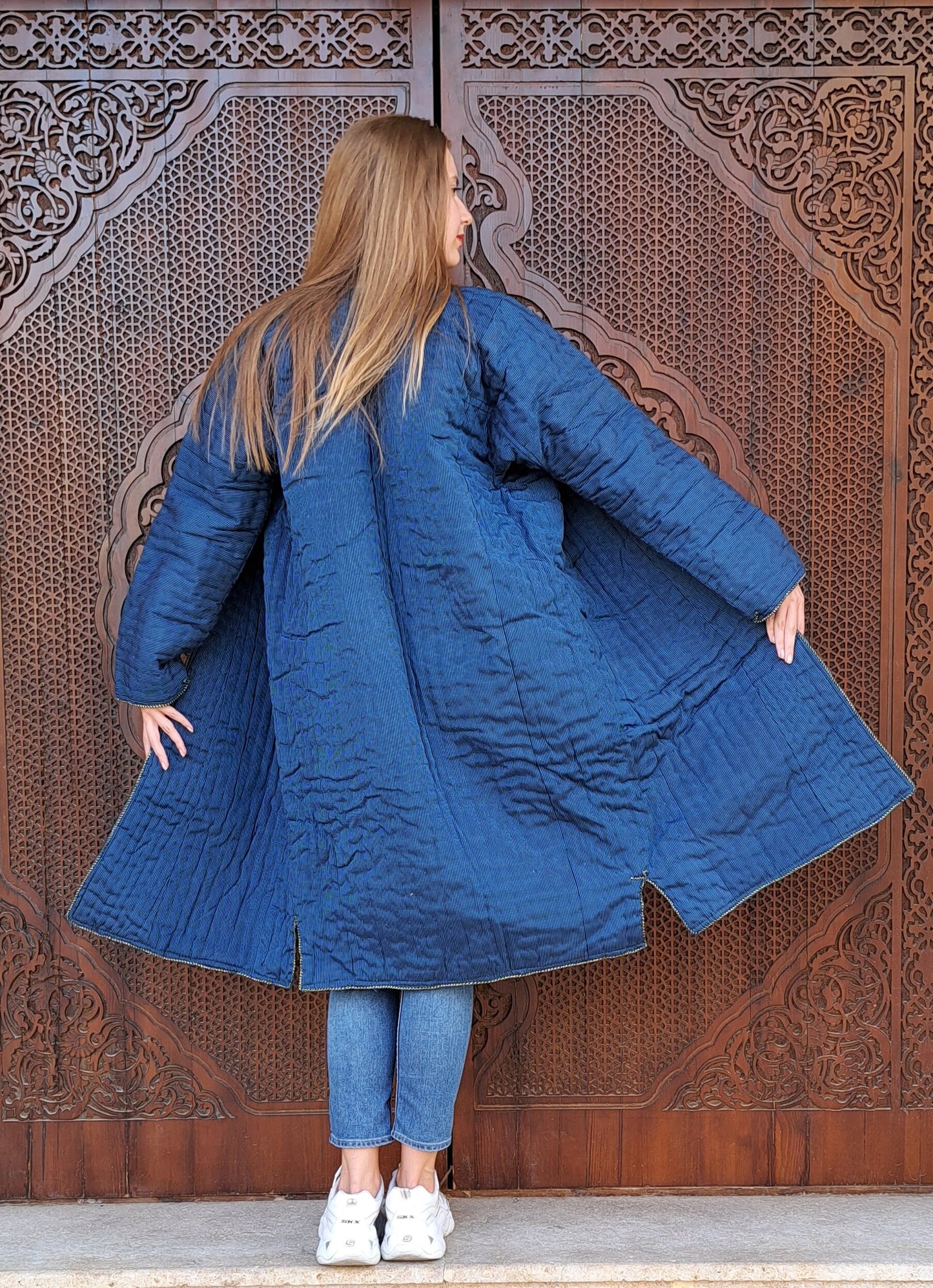 Uzbek handmade warm quilted chapan, coat, robe from a vintage bekasam fabric. Unisex, free size.