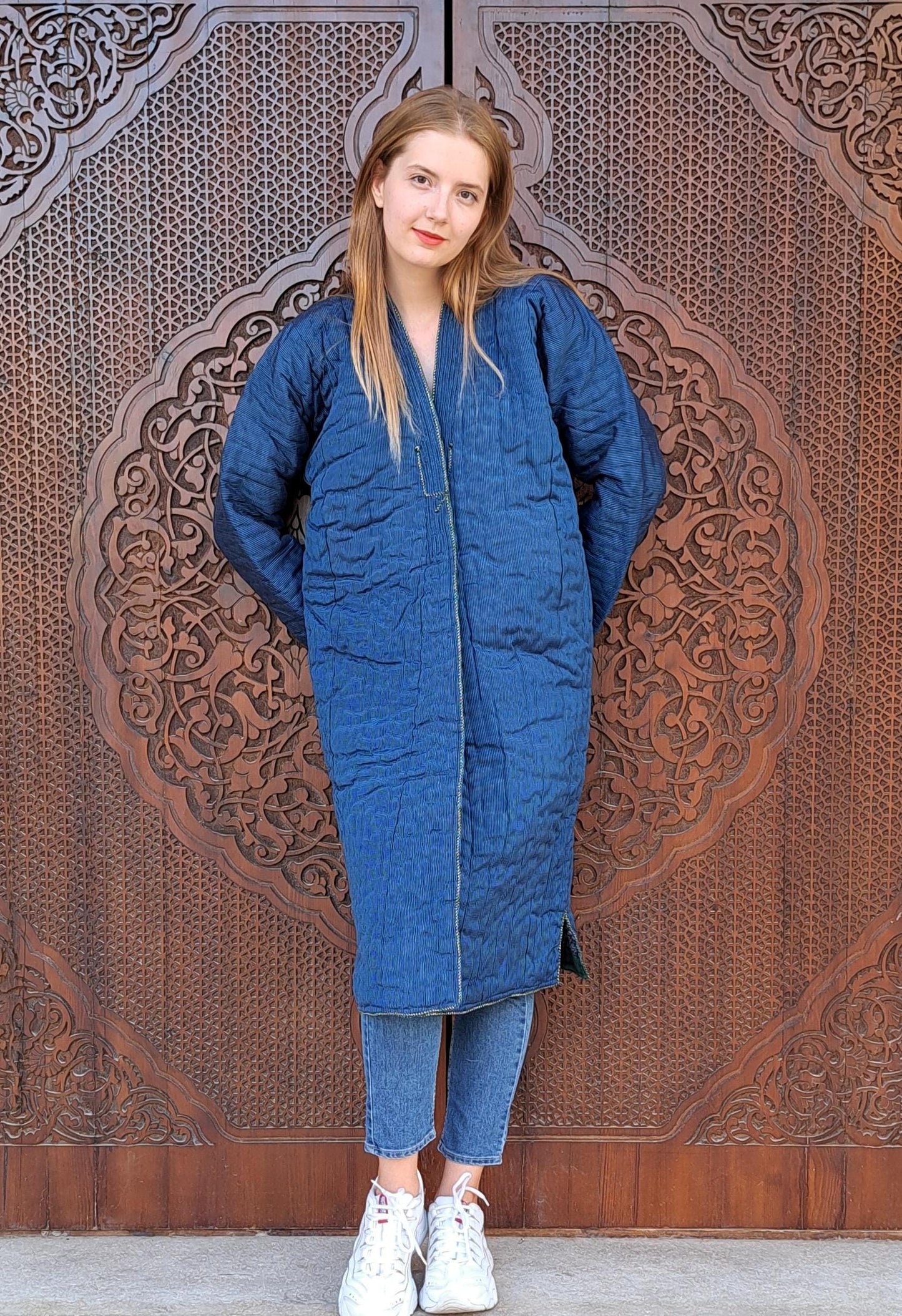 Uzbek handmade warm quilted chapan, coat, robe from a vintage bekasam fabric. Unisex, free size.