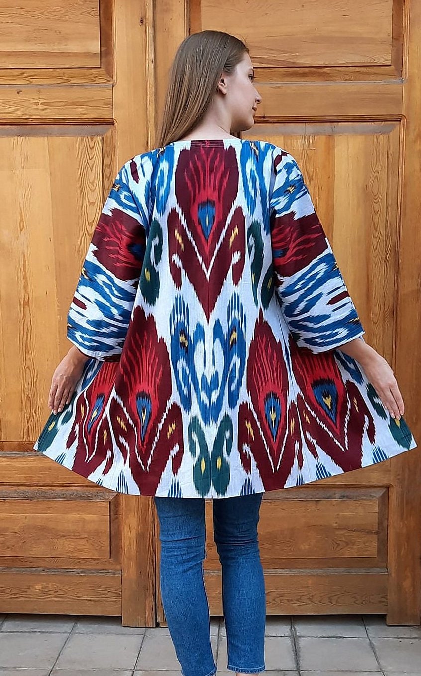 Handwoven Ikat Chapan,coat,robe, jacket. Hand-dyed, hand loomed natural ikat from Uzbekistan.