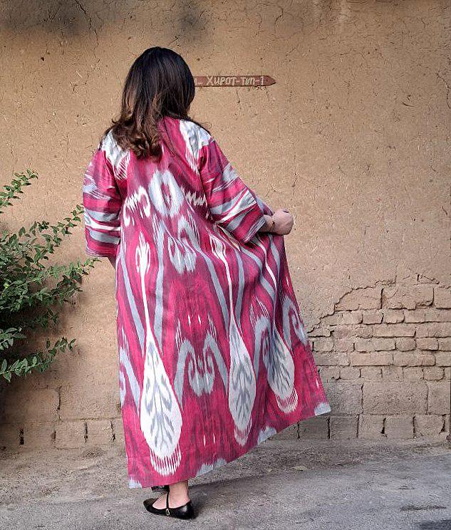 Handwoven Ikat Chapan,coat,robe, jacket. Hand-dyed, hand loomed natural ikat from Uzbekistan.